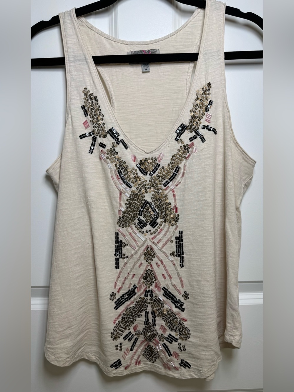 Ecote Embellished Beaded Sequin Boho Tank Top Cream Pink Black Size M